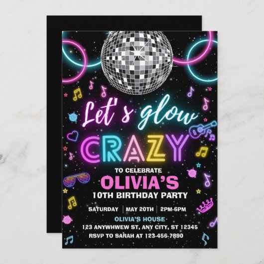 Invitation Let’s Glow Crazy disco party (Devant / Derrière)