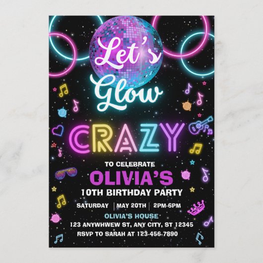 Invitation Let’s Glow Crazy disco party invite - disco ball  (Devant)