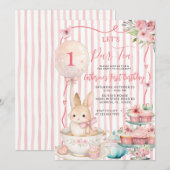 Invitation Let’s Par Tea Pink Striped Bunny Party Birthday (Devant / Derrière)