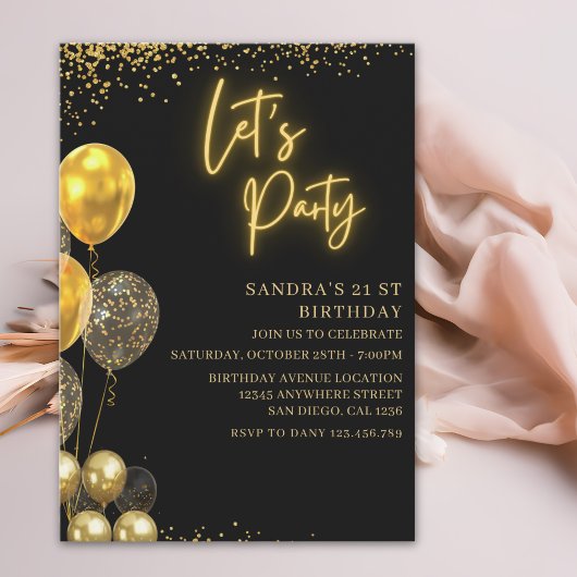 Invitation Let’s Party- elegant Birthday with Golden balloons