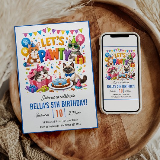 Invitation Let’s Pawty Cat 5th Birthday | Cute Kitty Birthday