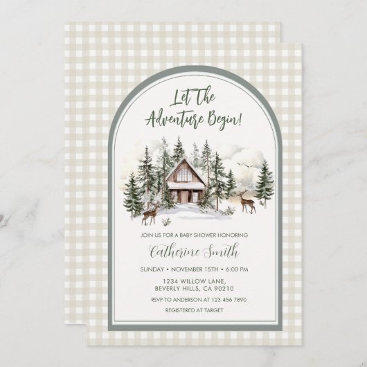 Invitation  Let The Adventure Begin Arch Gingham Baby Shower (Devant / Derrière)