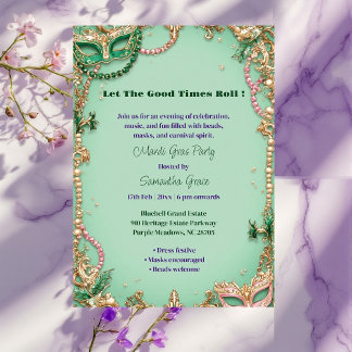 Invitation Let The Good Times Roll Mardi Gras Mask Beads Fun 