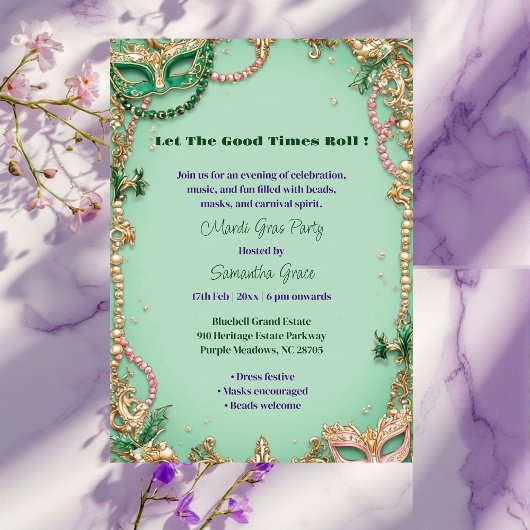 Invitation Let The Good Times Roll Mardi Gras Mask Beads Fun 