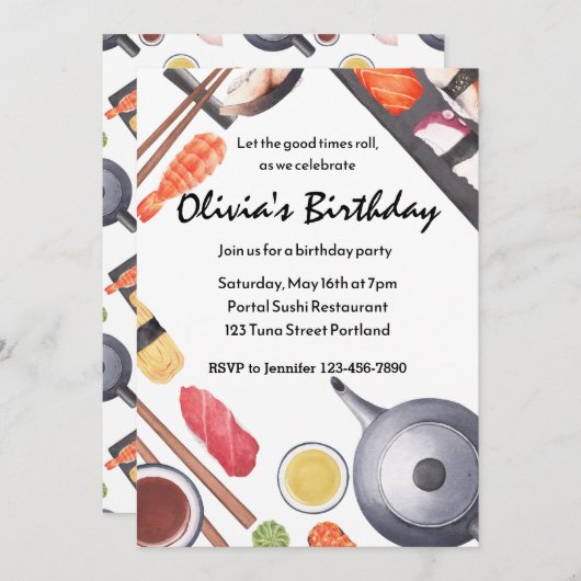 Invitation Let the Good Times Roll Sushi Party Anniversaire (Devant / Derrière)