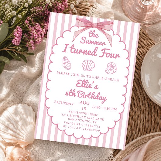 Invitation L'été où j'ai eu quatre ans Rose côtier 4e anniver