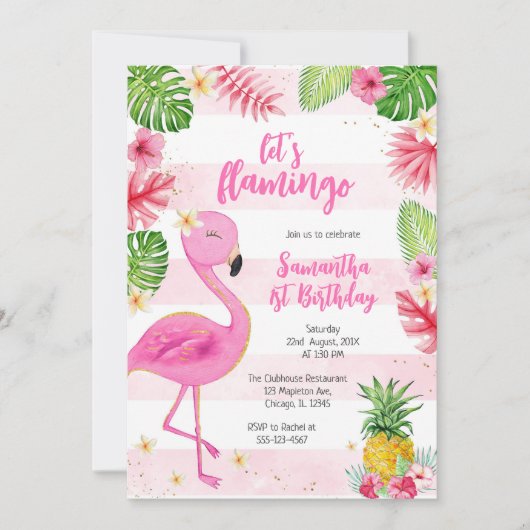 Invitation Let's Flamingle Pink Girl Tropical Birthday (Devant)
