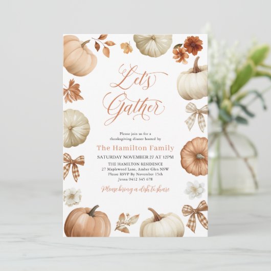 Invitation Lets Gather Thanksgiving Dinner Pumpkin Bows (Debout devant)