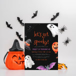 Invitation Lets Get Spooky Fun Kids Halloween Birthday Party<br><div class="desc">Modern Halloween-themed design for a spooktacular party! This birthday invitation features a spider's web in the top left-hand corner, two ghosts, a wizard hat, a pumpkin balloon, and a black and purple bat. Cards reverse to a black and white dotted pattern against an orange background. A gender-neutral design, perfect for...</div>