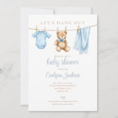 Invitation Let's Hang Out Blue Boy Clothesline Baby Shower (Devant)