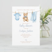 Invitation Let's Hang Out Blue Boy Clothesline Baby Shower (Debout devant)
