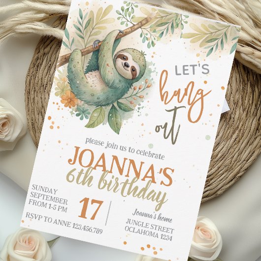 Invitation Let's hang out sloth kids birthday