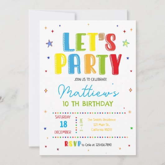 Invitation Let's party colorful birthday party (Devant)