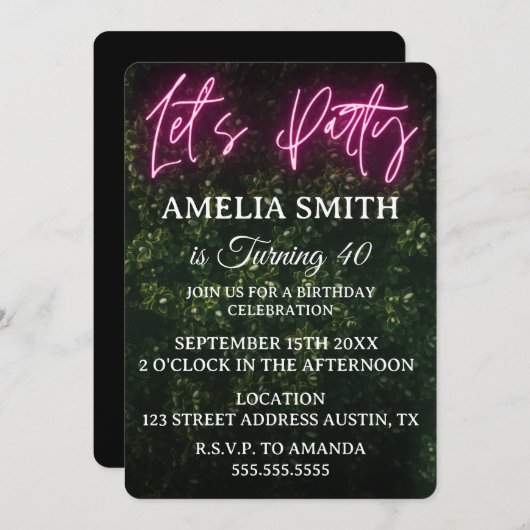 Invitation Let's Party Neon Boxwood Birthday (Devant / Derrière)