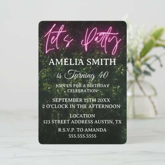 Invitation Let's Party Neon Boxwood Birthday (Debout devant)