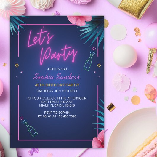 Invitation Let's Party Neon Electric Pink Birthday 