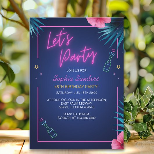 Invitation Let's Party Neon Electric Pink Birthday 