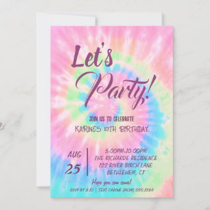 Invitation Let's Party, Pink Tie Dye birthday