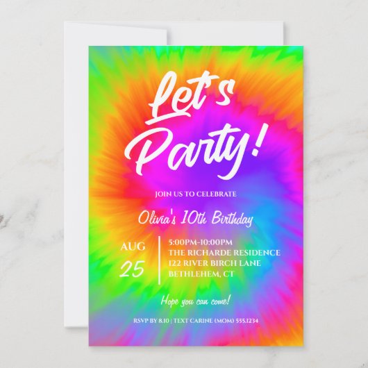 Invitation Let's Party Vibrant Tie Dye birthday (Devant)