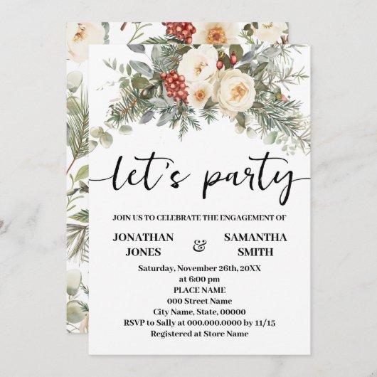 Invitation Let's Party Winter White Flowers Engagement (Devant / Derrière)