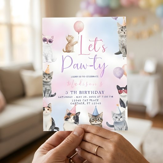 Invitation Let's Paw-ty! Adorable Cat Birthday Party 