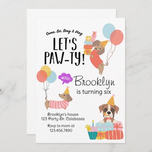 Invitation Let's Paw-ty, Dog Birthday, Puppy Party (Devant / Derrière)