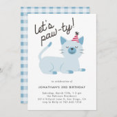 Invitation Lets Pawty Cute Kitty Chat Blue Anniversaire (Devant / Derrière)