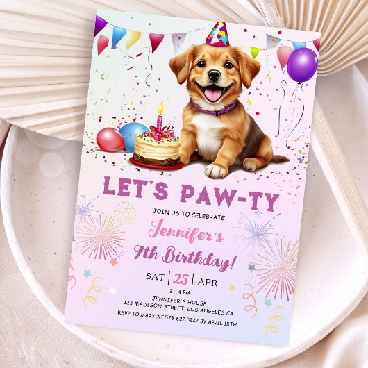 Invitation Lets Pawty Dog Anniversaire Fille 9e Anniversaire