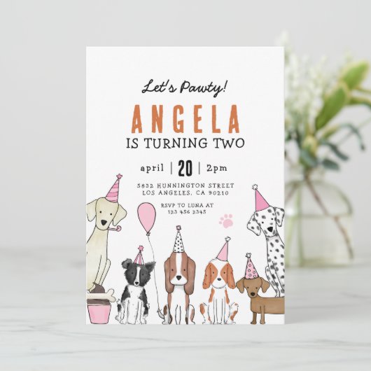 Invitation Lets Pawty Puppy Pawty Dog girl Birthday (Debout devant)