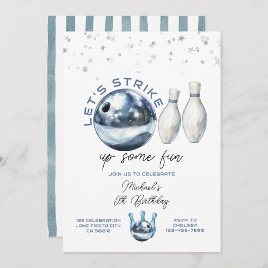 Invitation Let's Strike Boy 5th Galaxy bowling birthday party (Devant / Derrière)