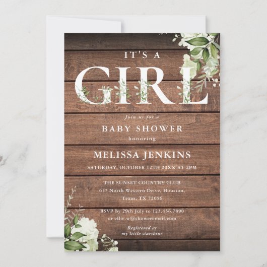 Invitation Lettre A Girl Greenery Baby shower en bois rustiqu (Devant)