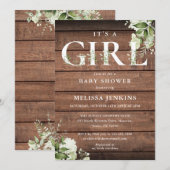 Invitation Lettre A Girl Greenery Baby shower en bois rustiqu (Devant / Derrière)