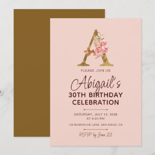 Invitation Lettre A Monogramme Doré Roses Rose Pâle