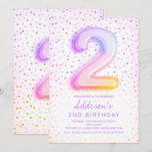 Invitation LETTRE BALLON arc-en-ciel Numéro deux Anniversaire (Devant / Derrière)