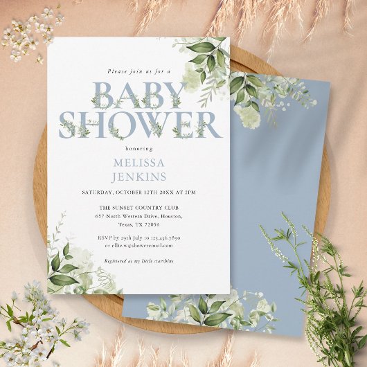 Invitation LETTRE Bleue Dusty Foliage vert Baby shower