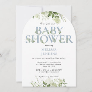 Invitation LETTRE Bleue Dusty Foliage vert Baby shower