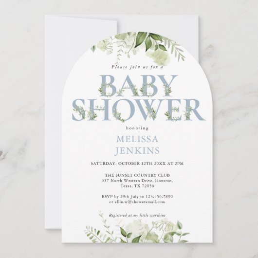 Invitation LETTRE Bleue Dusty Foliage vert Baby shower (Devant)