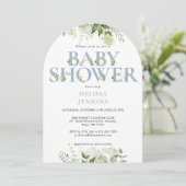 Invitation LETTRE Bleue Dusty Foliage vert Baby shower (Debout devant)