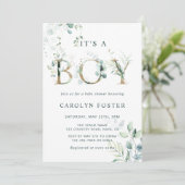 Invitation LETTRE Botanique Eucalyptus Baby shower Boy Or (Debout devant)