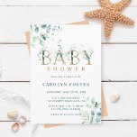 Invitation LETTRE Botanique Éucalyptus Baby shower Or<br><div class="desc">Cette invitation baby shower présente des eucalyptus à l'aquarelle peinte et des feuilles verts avec des lettres d'or botanique. Pour une personnalisation plus avancée de cette conception,  cliquez sur Personnaliser Autre lien pour modifier la police,  la taille et la couleur.</div>