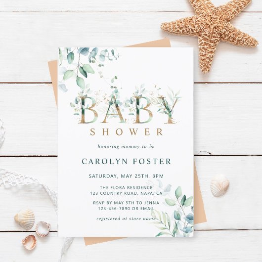 Invitation LETTRE Botanique Éucalyptus Baby shower Or