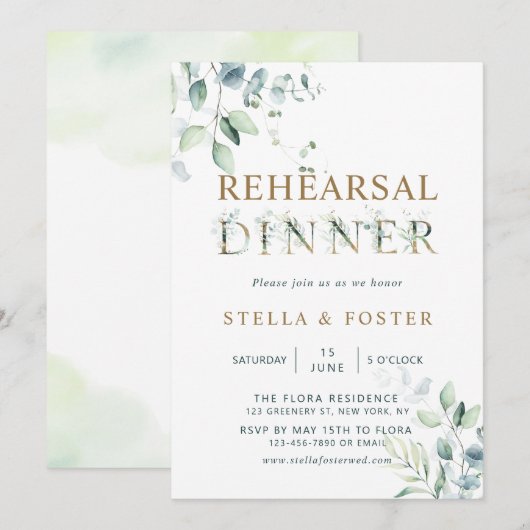 Invitation Lettre botanique Eucalyptus d'or Dîner de répétiti (Devant / Derrière)