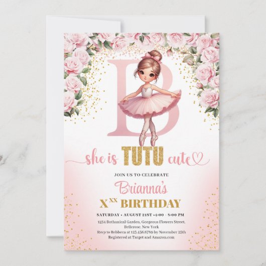 Invitation Lettre chic B monogramme ballerine fille anniversa (Devant)