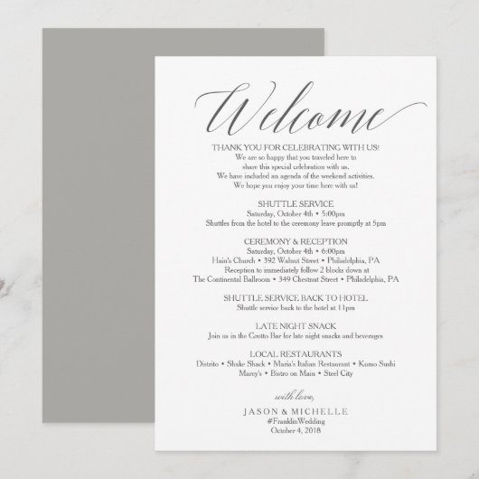 Invitation Lettre d'accueil Itinéraire de mariage Script Gris (Devant / Derrière)