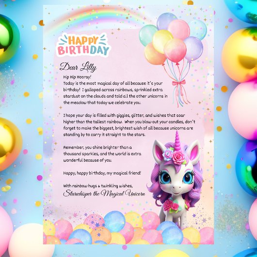 Invitation Lettre d'anniversaire Unicorne personnalisée Note