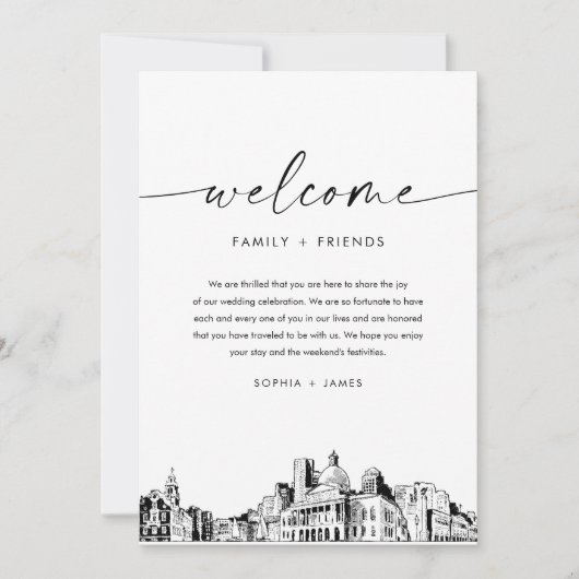 Invitation Lettre de bienvenue du Mariage Skyline de Boston & (Devant)