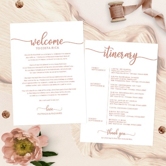 Invitation Lettre d'Itinéraire mariage Weekend Rose Gold