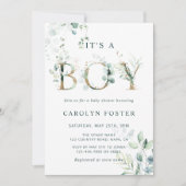 Invitation LETTRE D'OR Eucalyptus QR Code Baby shower garçon  (Devant)