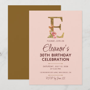 Invitation Lettre E Monogramme Or Roses Rose Pâle