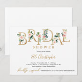 Invitation Lettre fleurie de feuille d'or bohème douche nupti (Devant / Derrière)